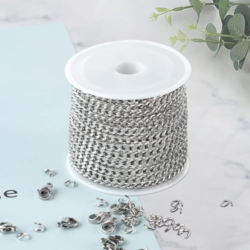 Kyutong Twist Curb Link Chain Bulk Silver Jewelry Making Chain Supplies 16.4 Feet Stainless Steel Chain Roll Making Craft DIY Bracelet Ankle with Lobster Clasps and Jump Rings - color: Silver Curb