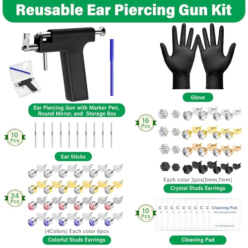 Reusable Ear Piercing Gun Kit, Professional Ear Piercing Machine with Stainless Steel Piercing Earrings Studs, Crystal Earrings for At Home Salon Earlobe Cartilage Helix Tragus Piercing Tool Set - color: Black