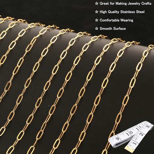 16 Ft Stainless Steel Paperclip Chain for Jewelry Making, 4.5mm Width Gold Plated Paper Clip Link Chains Roll for DIY Necklace Bracelet Jewelry Making Supplies with Lobster Clasps Soft Tape Measure - color: Paperclip 4.5mm Gold