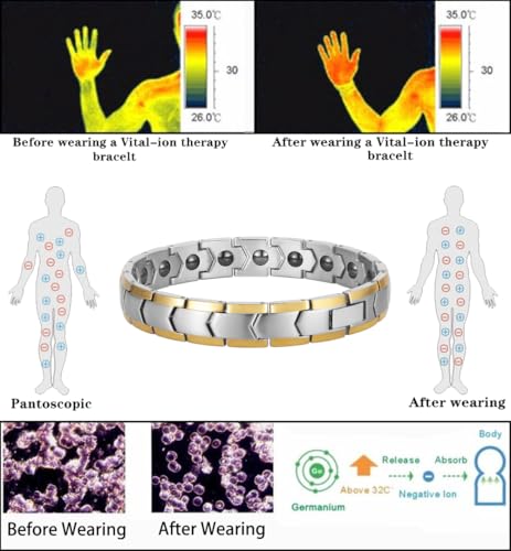 Magnetic Hematite Bracelets for Men Women 316L Stainless Steel Power Balance Energy Magnets Stones Bracelet Jewelry Gift with Adjustment Tool - color: Silver & Gold