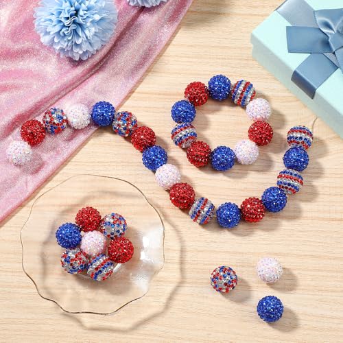 40 Pcs 20 mm Rhinestone Beads Bulk Crystal Round Disco Ball Chunky Bubblegum Beads for Pens Bracelets Charms Craft European Style Jewelry Making Supplies Christmas (4th of July Color) - color: 4th of July Color