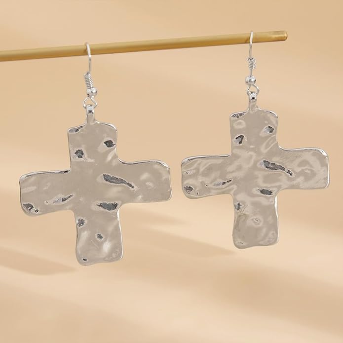 Chunky Gold Big Hammered Cross Drop Dangle Earrings for Women Trendy, Bold Thick Large Silver Cross Hook Earrings Dainty Vintage Faith Chain Jewelry