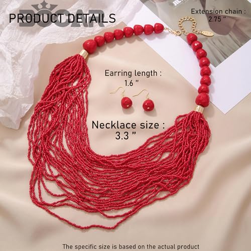 Bocar Necklace for Women, Multi Layer Statement Necklace, Long Chain Chunky Bib Seed Beads Necklace, Necklace Earring Set for Women Gift (NK-10693) - color: Red-set