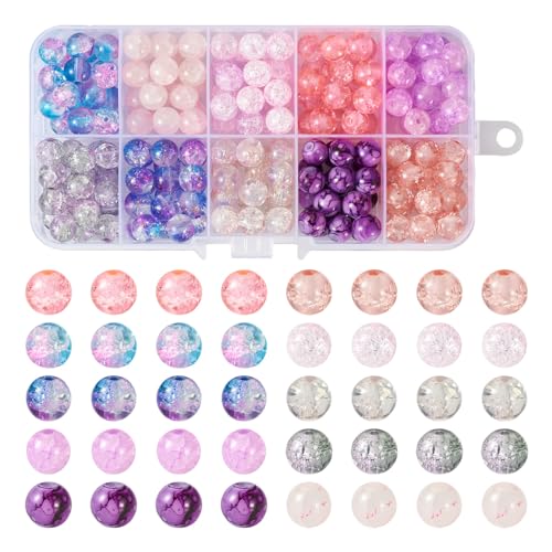 Glass Beads for Bracelet Cheriswelry 200Pcs Round Crystal Glass Crackle Beads 8-9mm for Keychain Earring Necklace Jewelry Making Supplies - color: Purple