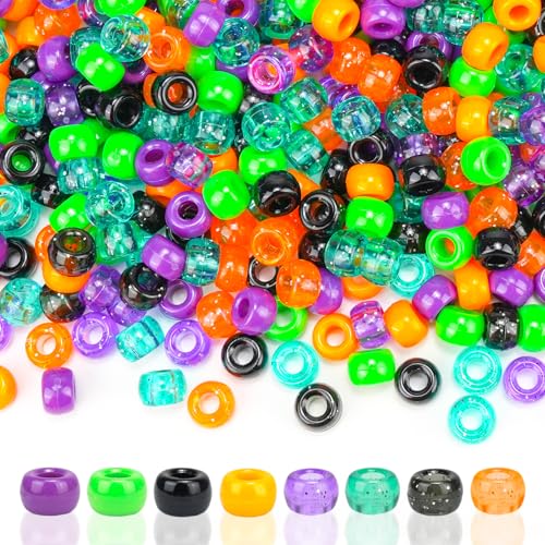1000Pcs Halloween Pony Beads Bulk – 6x9mm Kandi Beads in Orange, Black, Purple, Green for Bracelets, Hair Braids, Jewelry Making, DIY Crafts, Party Supplies - color: Halloween Edition
