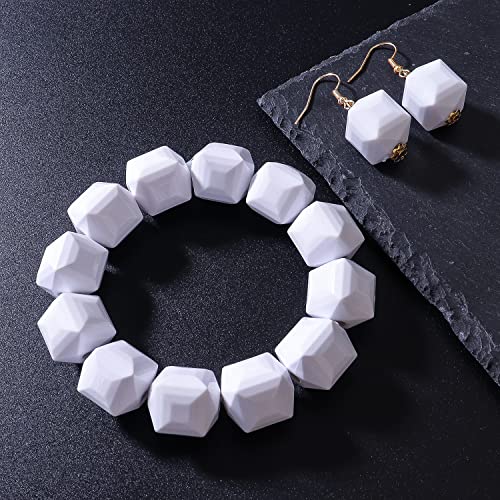 Halawly White Beads Necklace, Acrylic Costume Jewelry for Women Chunky Statement Strand Necklaces with Bracelet Dangle Earrings, Big African Beaded Necklace - color: White Set Long