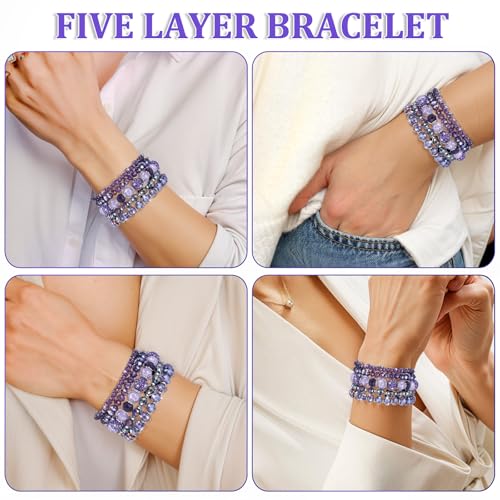 5Pcs Beaded Bracelets for Women, Bohemian Glass Faceted Crystal Beads Bracelet, Stackable Boho Disco Ball Stretch Bracelets, Multilayered Purple Jewelry Gift for Women, Mother's Day - color: Purple