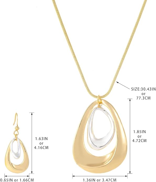 Madison Tyler Gold Plated Jewelry Set for Women | Silver Teardrop Pendant Necklace Trendy | Long Necklace with Snake Chain | Fashion Dangle Earring Set