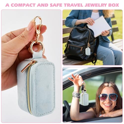Velvet Mini Travel Jewelry Case, 2 in 1 Ring Holder Keychain + 50 Plastic Earrings, Portable Small Jewelry Organizer for Women, Travel/Gym/Wedding/Bridesmaid Gift - color: blue
