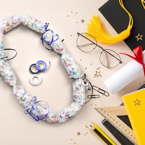 Graduation Candy Lei Making Kit Class of 2026 DIY Lei PE Bags Tubing Money Leis 2026 Graduation Ribbon Necklace Include 2 x 5 ft PE Bags 90 Pcs Flower Accessories for Grad Party Supplies (Blue, White) - color: Blue, White