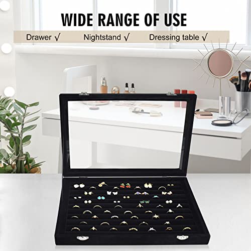 Siveit Rings Organizer Tray 10 Slots Velvet Ring Display Tray Insert Jewelry Earring Storage Box with Transparent Glass lid Can Hold 100 Rings Earrings Suitable for Girls and Women (Black) - color: Black