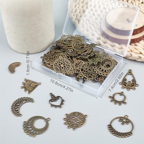 SUNNYCLUE 1 Box 64Pcs 16 Style Chandelier Connector Charms Component Connector Charm Tibetan Style Bronze Filigree Charms Findings Loops for Jewelry Making Earring Drop Women Adults DIY Crafts - color: 64pcs 16 Style Antique Bronze