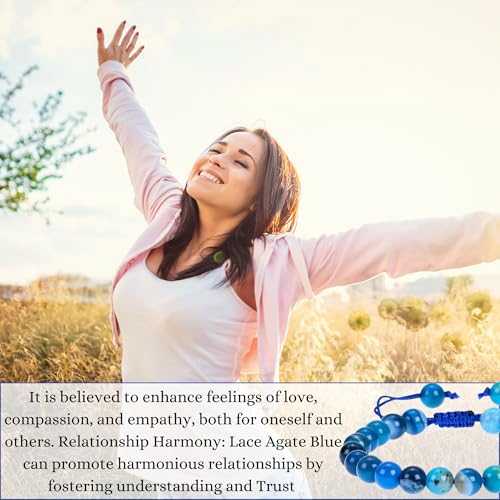 ANAYA AGATE Energy Protection Crystal Handmade Adjustable Bead Bracelet Perfect for Men, Women’s Christmas Gift - Gemstone Healing Stretch Bracelet Pulsera Para Hombre Mujer Stocking Stuffer - color: Lace Agate Blue