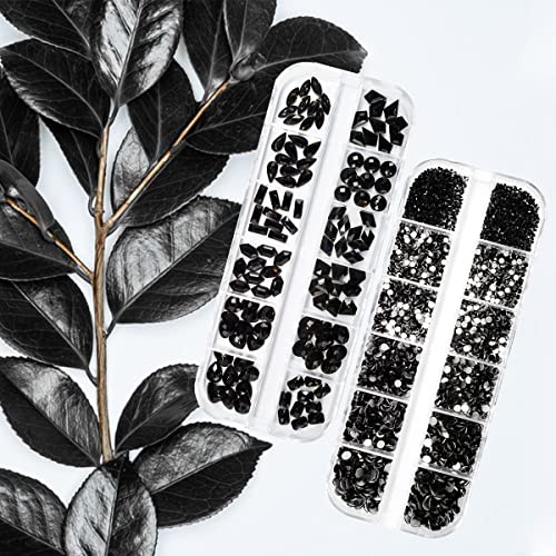 qiipii 4080Pcs Black Nail Rhinestones Crystal Flatback Jet Black Rhinestones Round Beads Glass Gems Stones Nail Art Gems Diamonds jewels Multi Shapes Sizes Nail Charms for Nails Eyes Makeup DIY Crafts - color: Jet Black, size: A Set