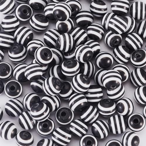 Cheriswelry 100pcs Round Black White Striped Acrylic Beads 6x5mm Chunky Ball Zebra Lined Striped Bubblegum Gumball Bead Spacers for DIY Jewelry Making Supplies Women Girl - color: Round-Black White, size: 6mm