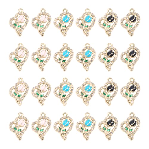 FASHEWELRY 30Pcs Heart Crystal Rhinestone Pendants Valentine Day Love Heart with Rose Flower Charms Light Gold Metal Dangle Charms for Bracelet Necklace Earring Jewelry Making Craft - color: Heart with Flower-3 Colors
