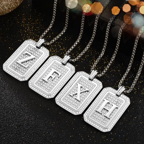 Initial Pendant Necklace Men Women Uppercase Silver Letter Diamond A-Z Stainless Steel Box 22 Inch - color: Silver-M