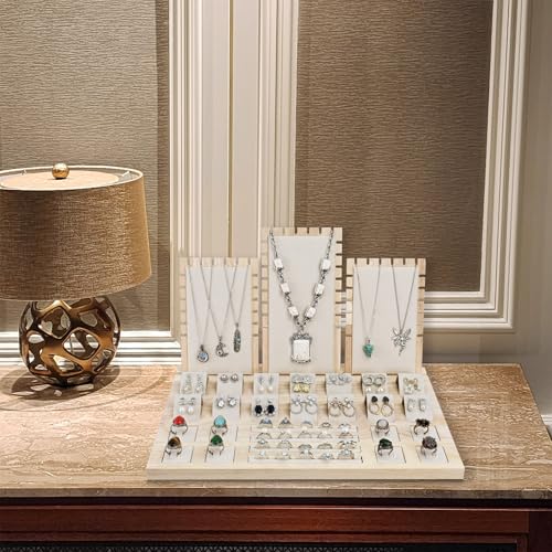 MOOCA Jewelry Display Set, Necklace Display Bust, Earring Organizer, Ring Holder Stand for Showcase and Store, Premium Fabric - color: 8b) 1 set. Beige Suede