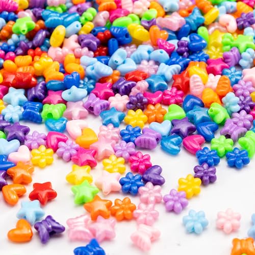 Gxueshan 1000 Pcs Acrylic Plastic Heart Star Mix Perforated Beads Bulk Rainbow Hair Beads, DIY Face Mask Pony Beads for Friendship DIY Kandi Bracelet Necklace Jewelry Making Supplies Kit (Mix)