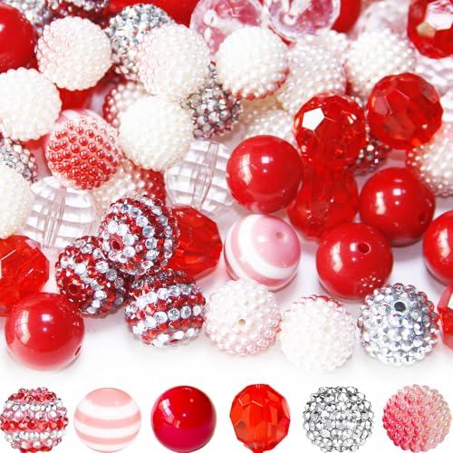 48 Pcs 20mm Beads for Pens Rhinestone Bubblegum Beads Red Crystal Acrylic Round Chunky Bead Sparkly Craft Large Balls Bead for Pen Beadable Keychain Bracelet Necklace DIY Jewelry Making Supplies - color: Red