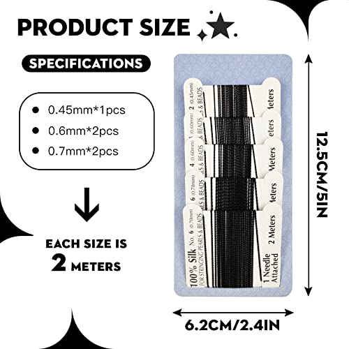 The Hobbyworker 5pcs Silk Beading Cord Thread and Needles Size2/4/6 Black for Knotting Pearl,Crystals,Gemstones and Beads