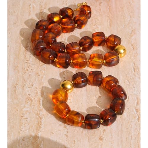 Mchic Colorful Beaded Choker Necklace for Women: Boho Large Square Acrylic Beaded Necklace Stainless Steel Adjustable Surfer Beach Strand Necklaces Summer Handmade Jewelry Gift for Women - color: Amber