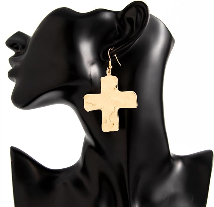 Chunky Gold Big Hammered Cross Drop Dangle Earrings for Women Trendy, Bold Thick Large Silver Cross Hook Earrings Dainty Vintage Faith Chain Jewelry