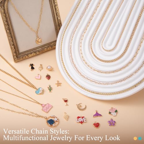 HUISUYTON 16.4 FT Gold Chain for Jewelry Making, Jewelry Making Chains Kit with Jump Rings/Lobster Clasps/Connectors/Charms/Pliers, Stainless Steel Necklace Chains for DIY Craft - color: Gold-16.4Ft+Pendants