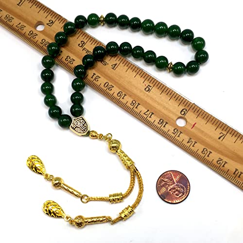 Simple Designed Natural Stone Worry Beads (8mm -33 Beads) - Prayer Beads Tesbih-Tasbih-Tasbeeh-Misbaha-Subha-Sebha-Sibha-Rosary (Green Jade -8 mm 33- Beads/Gold Tassel) - color: Green Jade -8 mm 33- Beads / Gold Tassel