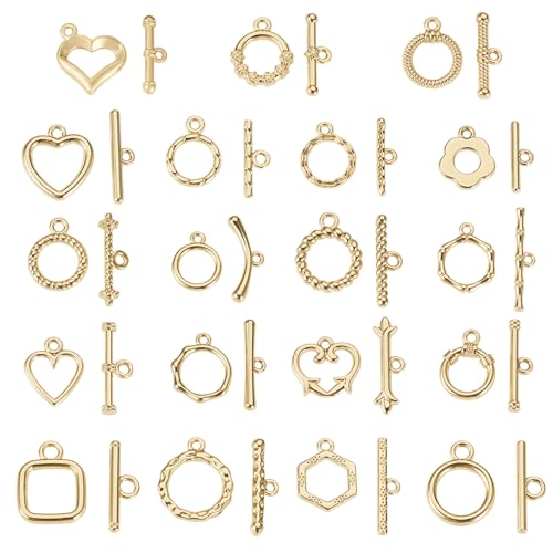 38Pcs Golden Toggle Clasp, 19 Styles Bracelet Closure Clasps IQ Toggle Clasps Oval Flower Heart Clasp Fastener Hook Toggle Connectors for Necklace Bracelet Jewelry Making - color: Golden-19 Styles