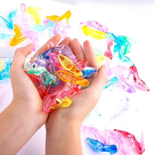 Niceup 75pcs Small Princess Glass Slippers 2in Plastic Crystal High Heel Shoes Toy for Princess Party Favors Doll House Decorations Cupcake Toppers Girls Craft Trinkets Pinata Fillers Hide Seek Toys - style: Princess Shoes (about 75pcs)