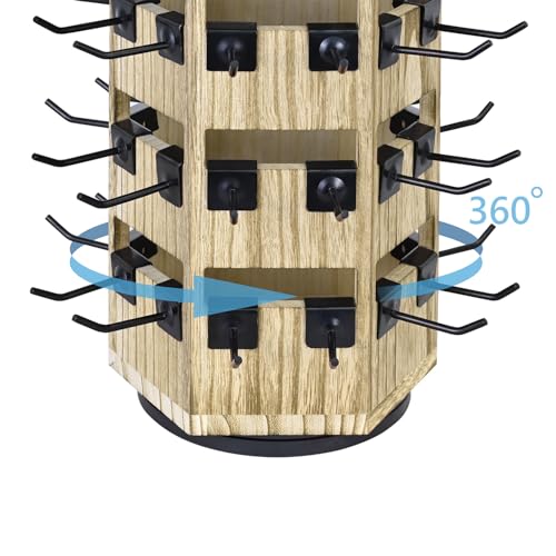 Ikee Design Free Assemble Wood Hexagon Rotating Jewelry Display Stand, 60 Removable Metal Hooks, Keychain Display Stand, Jewelry Organizer, Earring Bracelet Organizer, Oak Color, 8.3W x7.2D x 16.2H in - color: 6 side, Oak, 60 hooks