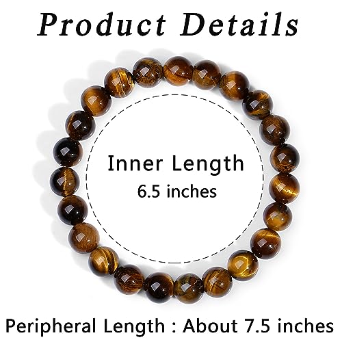 MAIBAOTA Healing Crystal Bracelet for Women Men, 8/4 mm Natural Stone Beaded Bracelets, Jewelry Birthday Gifts, Round Gemstones Stretch Bracelets - color: Brown-Tiger Eye, size: 8 mm