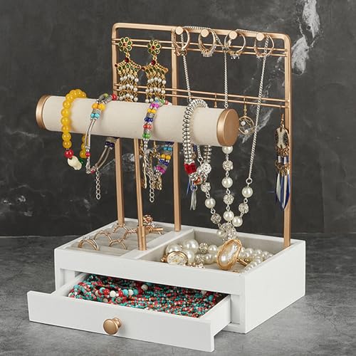 TANG SONG Multi-Functional Drawer Storage Rack Necklace Display Stand Necklace Bracelets Earring Chains Organizer Holder for Home (White) - color: White