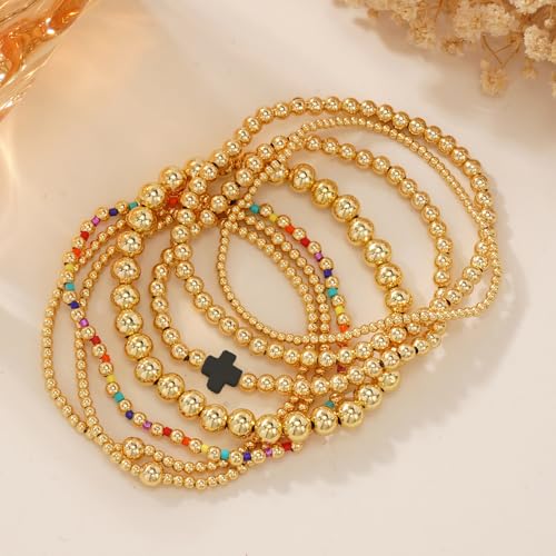 14K Gold Beaded Cross Beaded Bracelet Stack Set for Women,7PCS Bohemian Colorful Beads Ball Stretch Stackable Bracelets Trendy Holiday Birthday Gift - color: Black