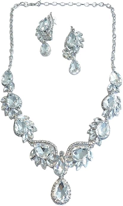 Secret for Longevity Silver Tone Antique Art Deco Vintage Retro Style Flapper Gatsby Rhinestone Statement Wedding Bridal Prom Necklace Earring Set