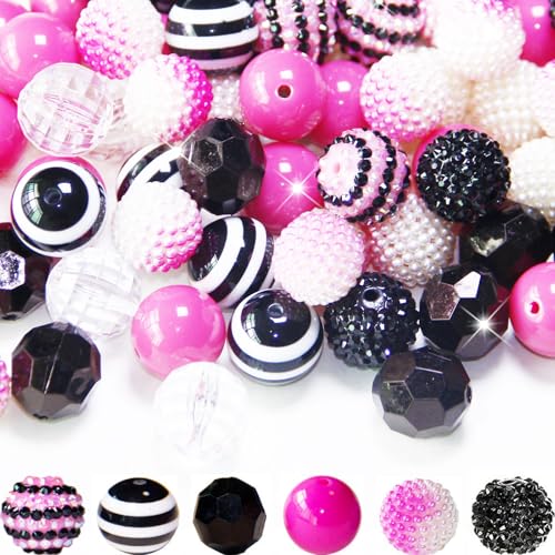 Exway 48 Pcs 20mm Black Pink Acrylic Resin Rhinestone Bubblegum Beads, Round, Large, Sparkly Craft Beads for Pen, Beadable Keychain, Bracelet, Necklace, DIY Jewelry Making Supplies - color: Black