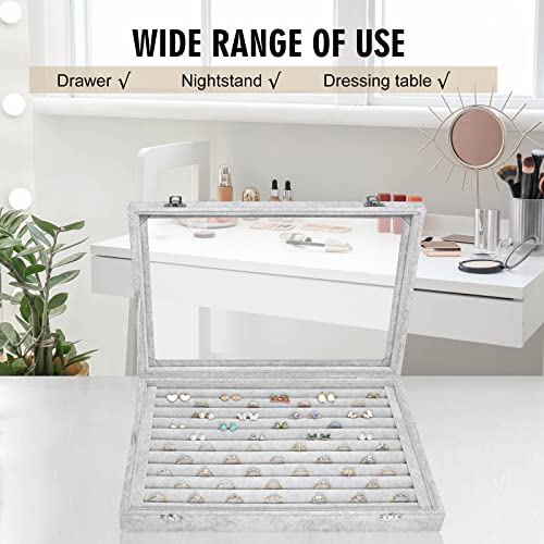 Siveit Rings Organizer Tray 10 Slots Velvet Ring Display Tray Insert Jewelry Earring Storage Box with Transparent Glass lid Can Hold 100 Rings Earrings Suitable for Girls and Women (Grey) - color: Grey