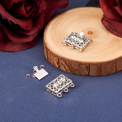 Pandahall 2 Sets Metal Tone Brass Rhinestone Rectangle Filigree Clasps, 3-Strand Box Clasps, Platinum