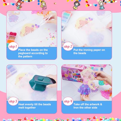 Meland Princess Fuse Beads Craft Kit for Girls, 5mm Beads Set with Pegboards & Accessories, Creative DIY Art Toy for Kids Ages 5-12, Perfect Birthday or Christmas Gift for Little Princesses - size: 4800 pcs without Iron