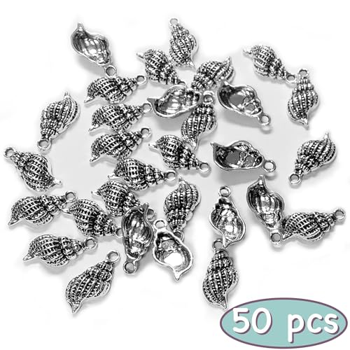 Heather's cf Silver Sea Charms – Antique Pendants, Non-Tarnish, Lead-Free & Nickel-Free, Bulk Ocean Animal Charms for DIY Jewelry, Bracelets, Necklaces, Earrings, Beach Craft Supplies (Sea Animals) - color: Seashell Conch - 50 Pc