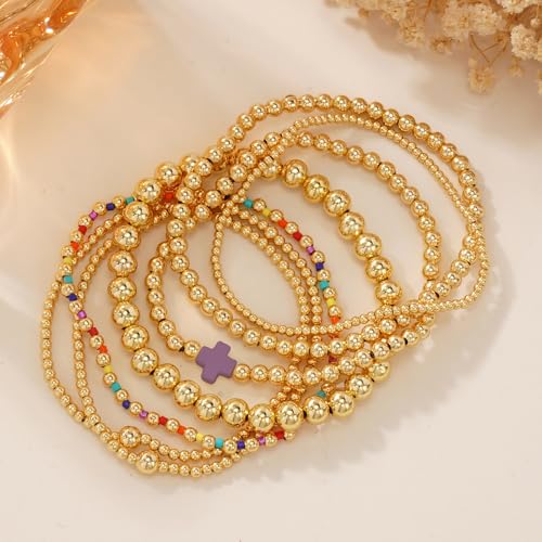 14K Gold Beaded Cross Beaded Bracelet Stack Set for Women,7PCS Bohemian Colorful Beads Ball Stretch Stackable Bracelets Trendy Holiday Birthday Gift - color: Purple