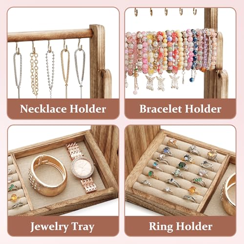 Emfogo Jewelry Organizer Stand, 4 Tier Wood Bracelet Holder With Necklace Holder, Rustic Large Capacity Jewelry Holder Display for Bracelets Bangles Necklaces Rings Watches Scrunchies (Rustic Brown)