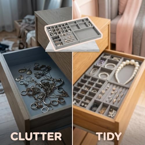 8 Pcs Jewelry Drawer Organizers, Velvet Jewelry Trays for Drawer, Stackable Jewelry Trays Ideal for Rings, Earrings, Bracelets, Necklaces, Gray - color: Gray