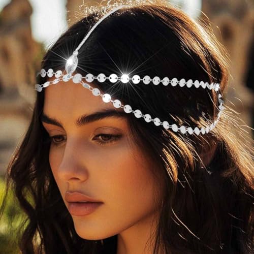 Yean Gold Sequins Head Chain Bohemian Hair Jewelry Headpiece Forehead Band Festival Headband Accessories for Women - color: Silver