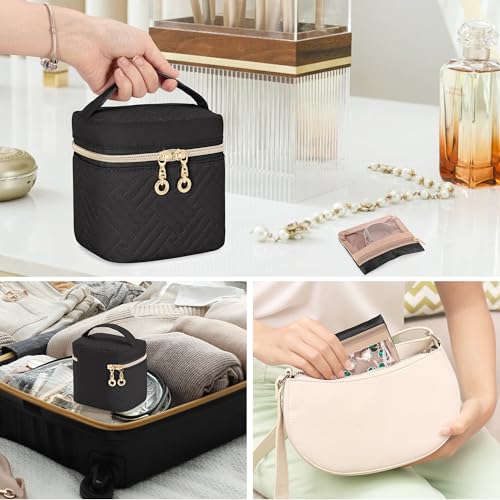 Teamoy Mini Jewelry Organizer with 6 Small Jewelry Bags, Travel Jewelry Storage Box for Necklaces, Rings, Earrings, Bracelets, Quilted Black - color: Black