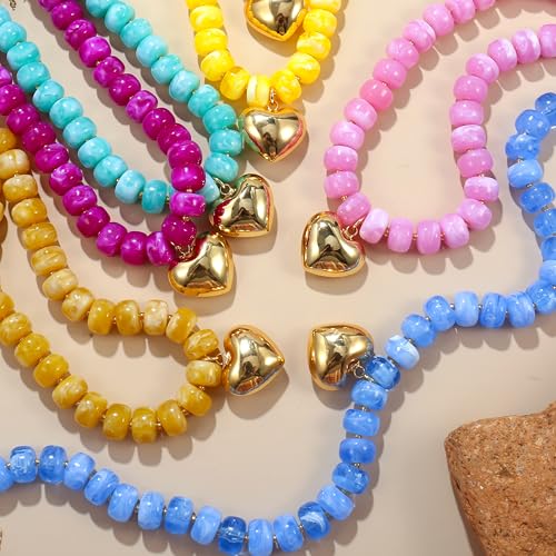 Chunky Heart Necklace for Women, Colorful Acrylic Beaded Statement Puff Heart Necklace, Cute Boho Y2K Choker Necklace for Gift Jewelry - color: Blue