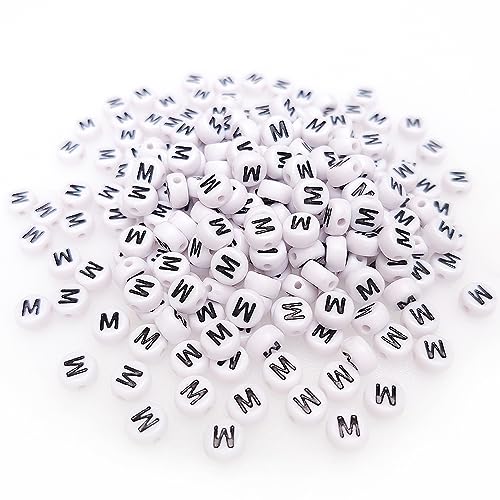 200+ Pieces 4x7mm Single M Letter Beads for Jewelry Making, White Round Acrylic Bulk Alphabet (Black on White) - size: Single letter M 200+ Pcs