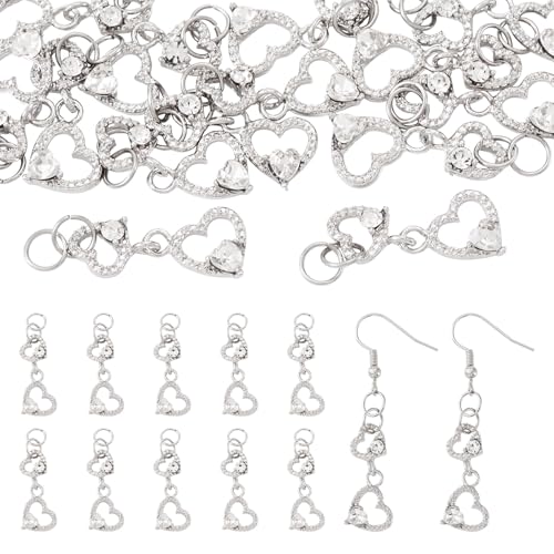FASHEWELRY 15Pcs Alloy Crystal Rhinestone Heart Charms, Love Heart Glass Dangle Charms Platinum Hollow Pendants for DIY Valentine's Day Necklace Earring Jewelry Making - color: Heart-Clear