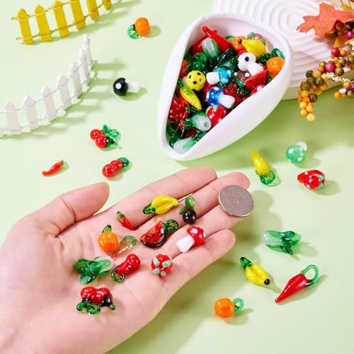 Pandahall 200pcs Fruit Vegetable Handmade Lampwork Beads Glass Mixed Style Loose Spacer Beads Charms for Bracelet Necklace Jewelry Making